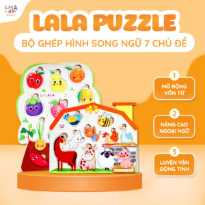 Bảng núm gỗ cho bé Song Ngữ Lalapuzzle lắp ghép gỗ chữ cái động vật hoa quả rau củ nhiều chủ đề Lalala baby